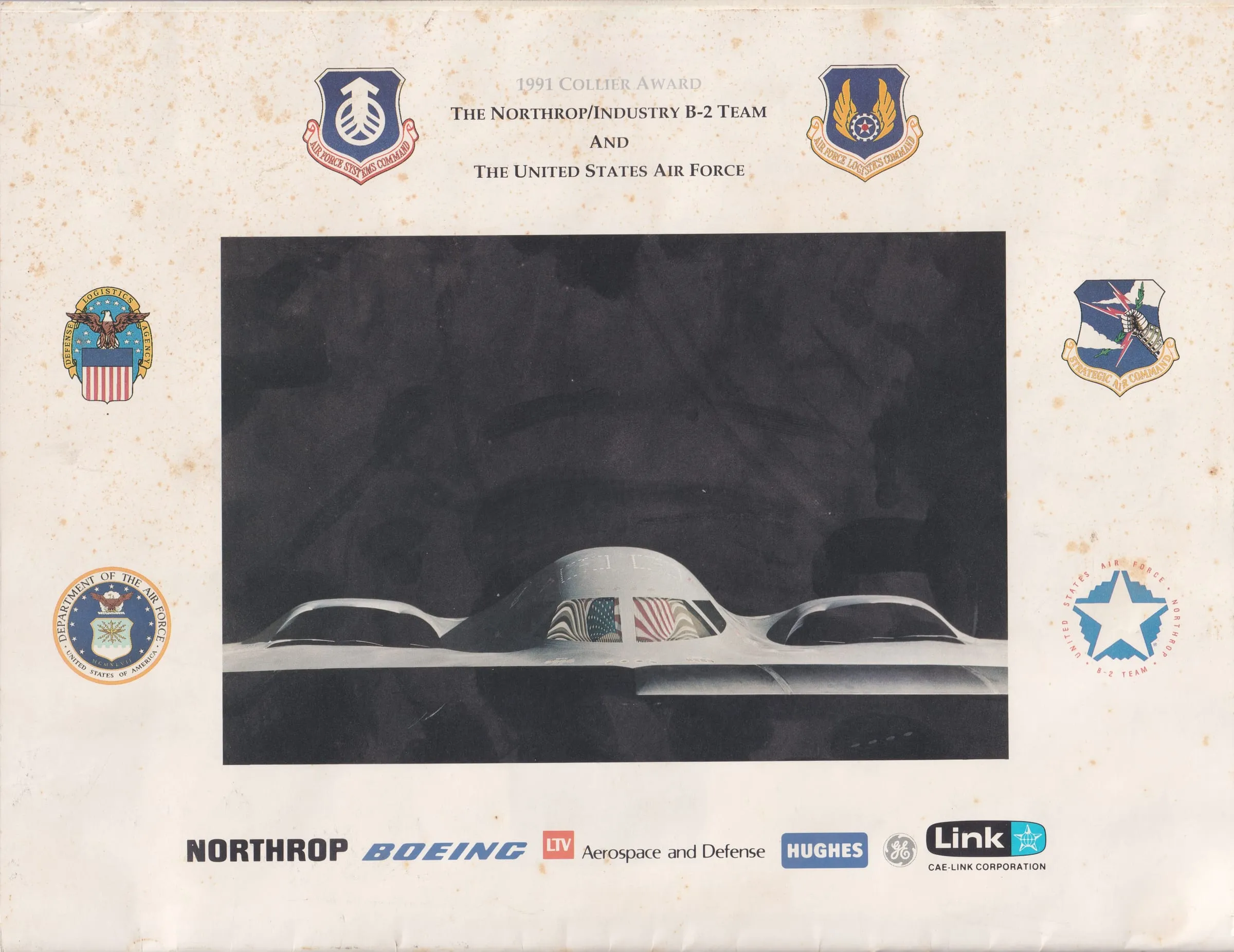 A 1991 Collier Award commemorative print for the Northrop/Industry B-2 Team and the United States Air Force, showing a B-2 Spirit bomber.