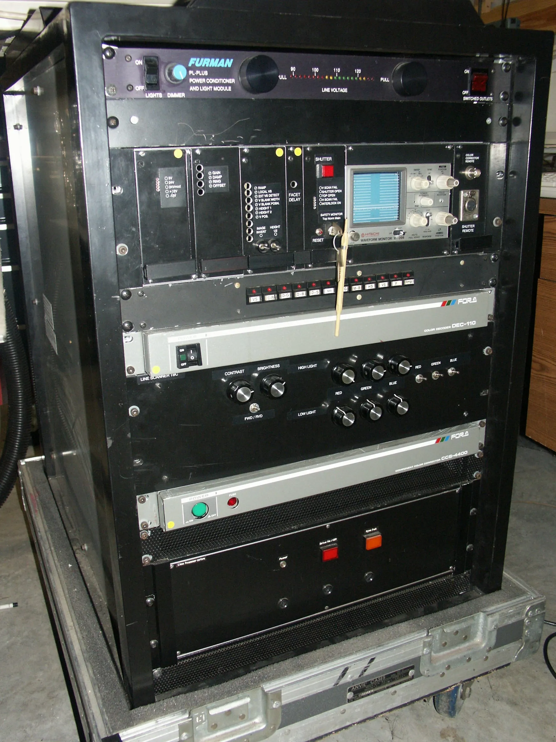 An equipment rack of laser video projection electronics.