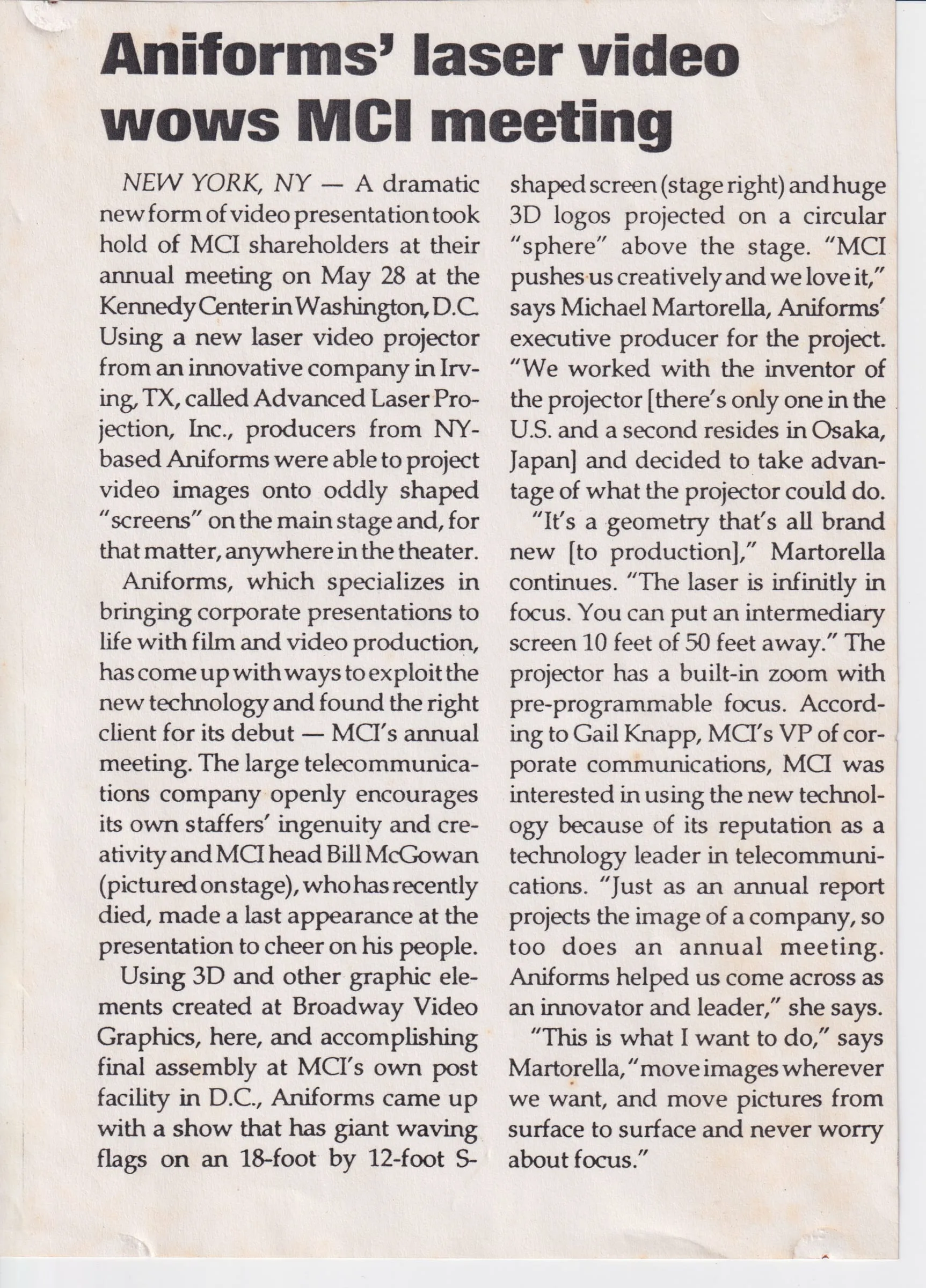 A trade-press clipping headlined "Aniforms' laser video wows MCI meeting," describing a laser video projection show at MCI's shareholder meeting.