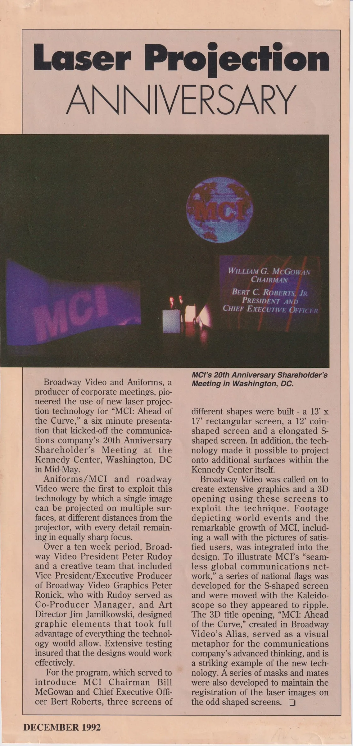 Second page of the "Aniforms' laser video wows MCI meeting" clipping.