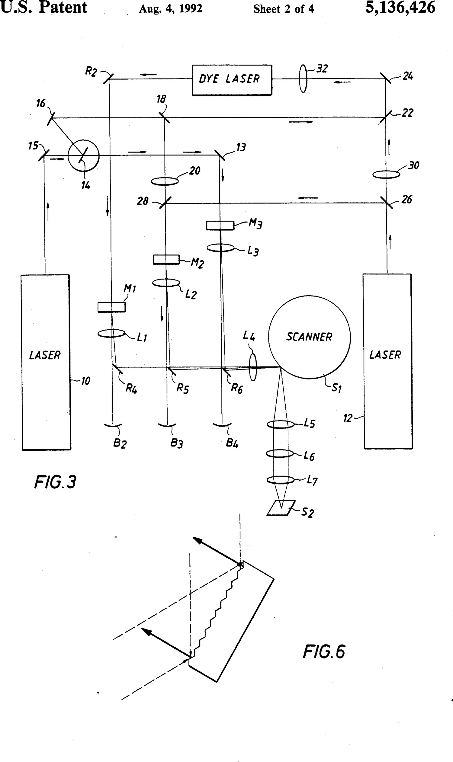 FIG. 3 of U.S. Patent 5,136,426 — a schematic of the laser projection apparatus: two lasers and a dye laser combined through mirrors and lenses onto a rotating scanner and projection optics.