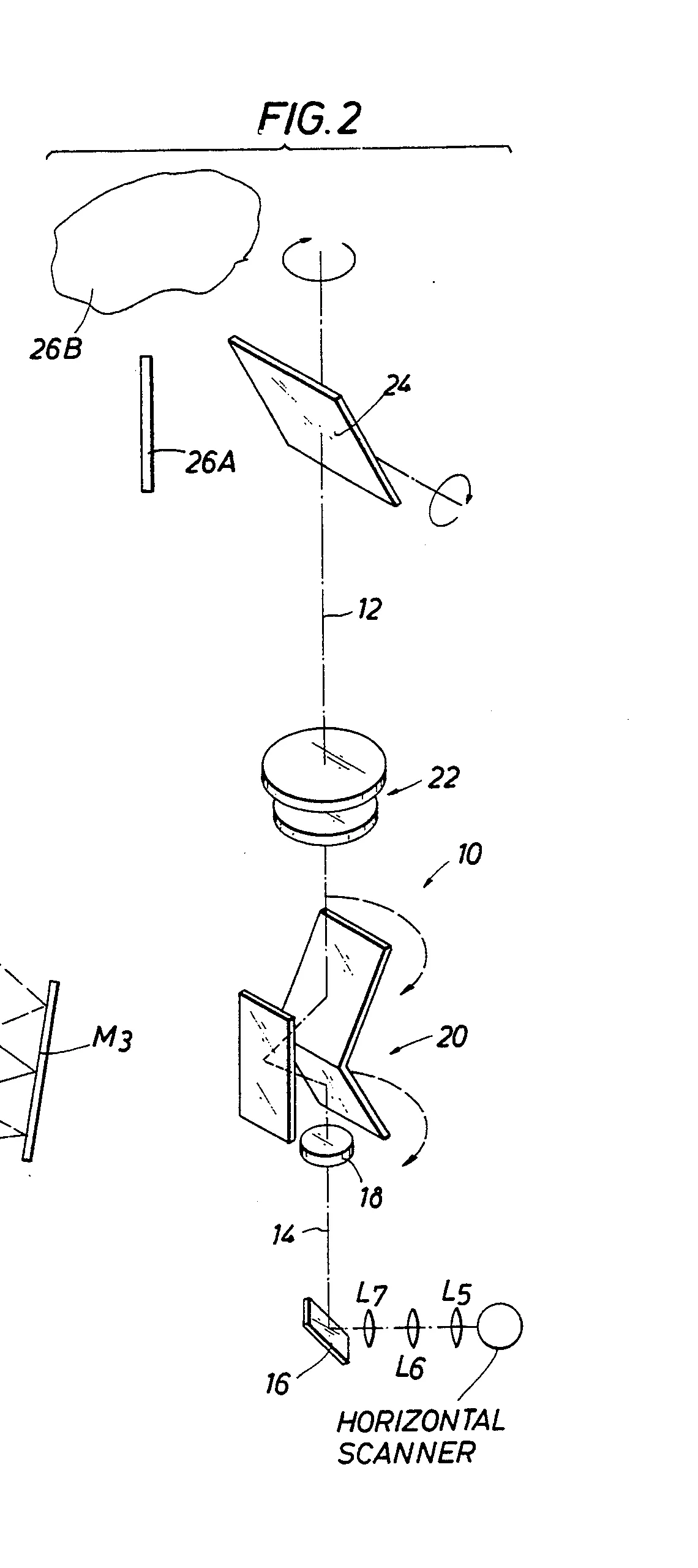 FIG. 2 of U.S. Patent 5,365,288 — a perspective view of the image-mover optical assembly: spinning and tilting mirrors that reposition the projected image before the horizontal scanner.